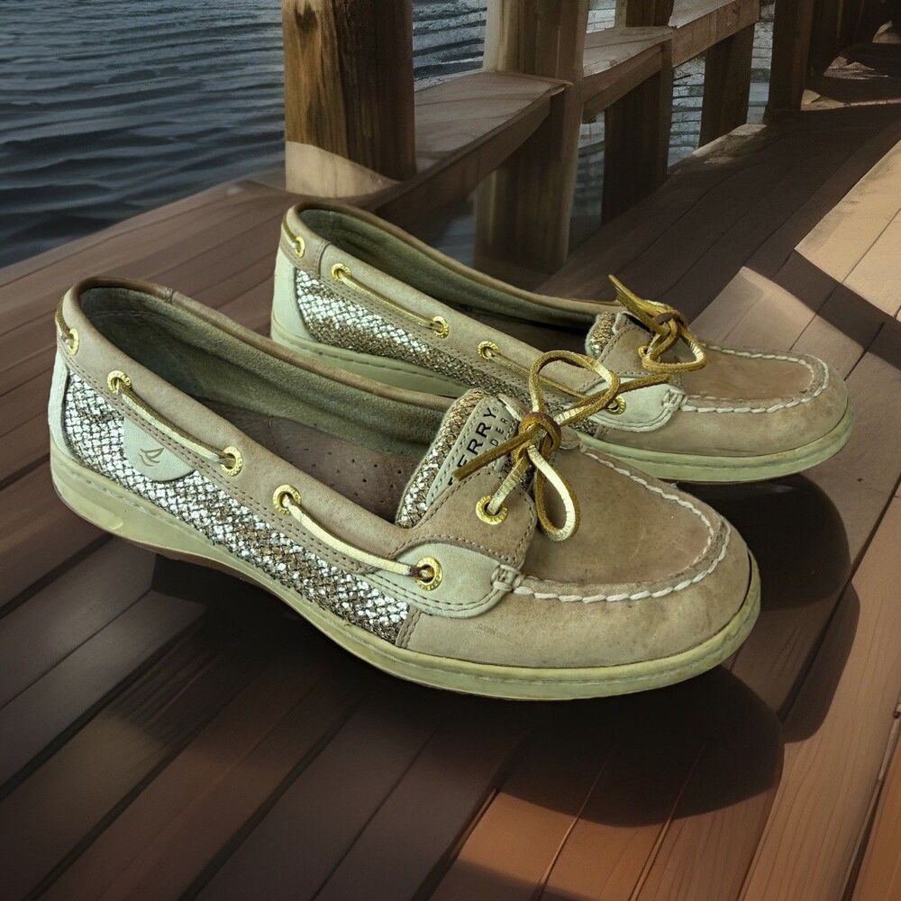 Sperry Top Sider Women's Beige Gold Glitter Boat Shoes Loafers Size 9.5